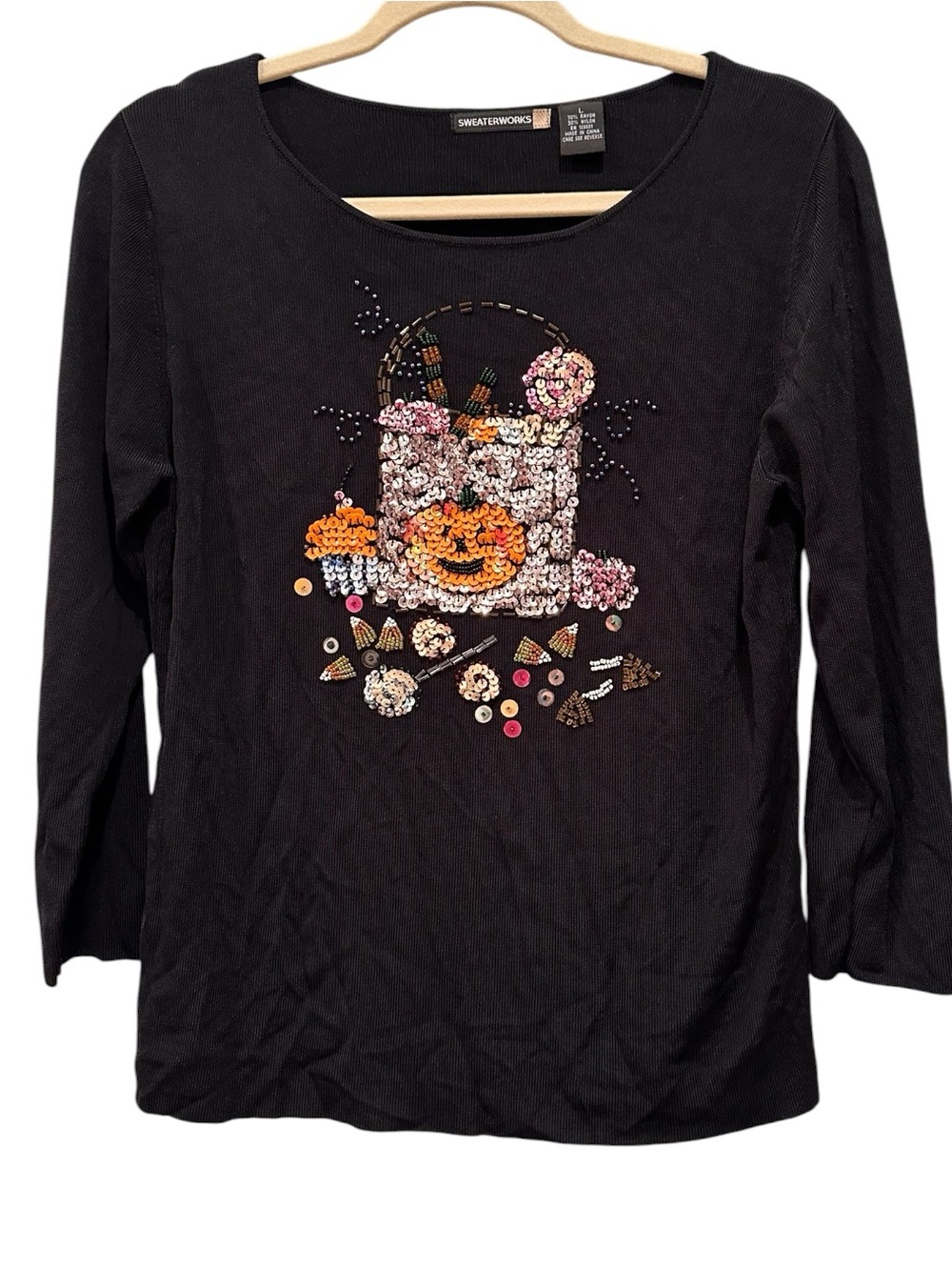 Sweaterworks Sequin Pumpkin & Candy Novelty Knit Top Halloween L